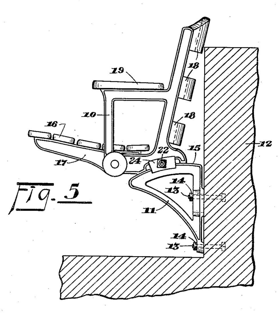 Figure 5 of the 1938 seat patent, showing a folding chair mounted to a grandstand